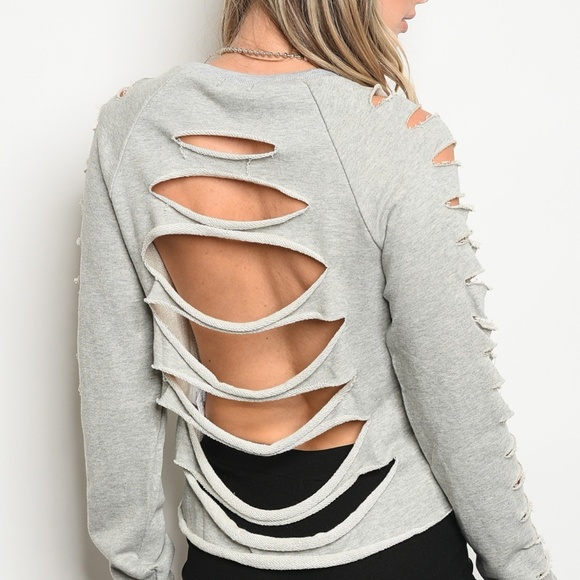 GREY DISTRESSED TOP.  Peek a boo back! - Picture 2 of 2